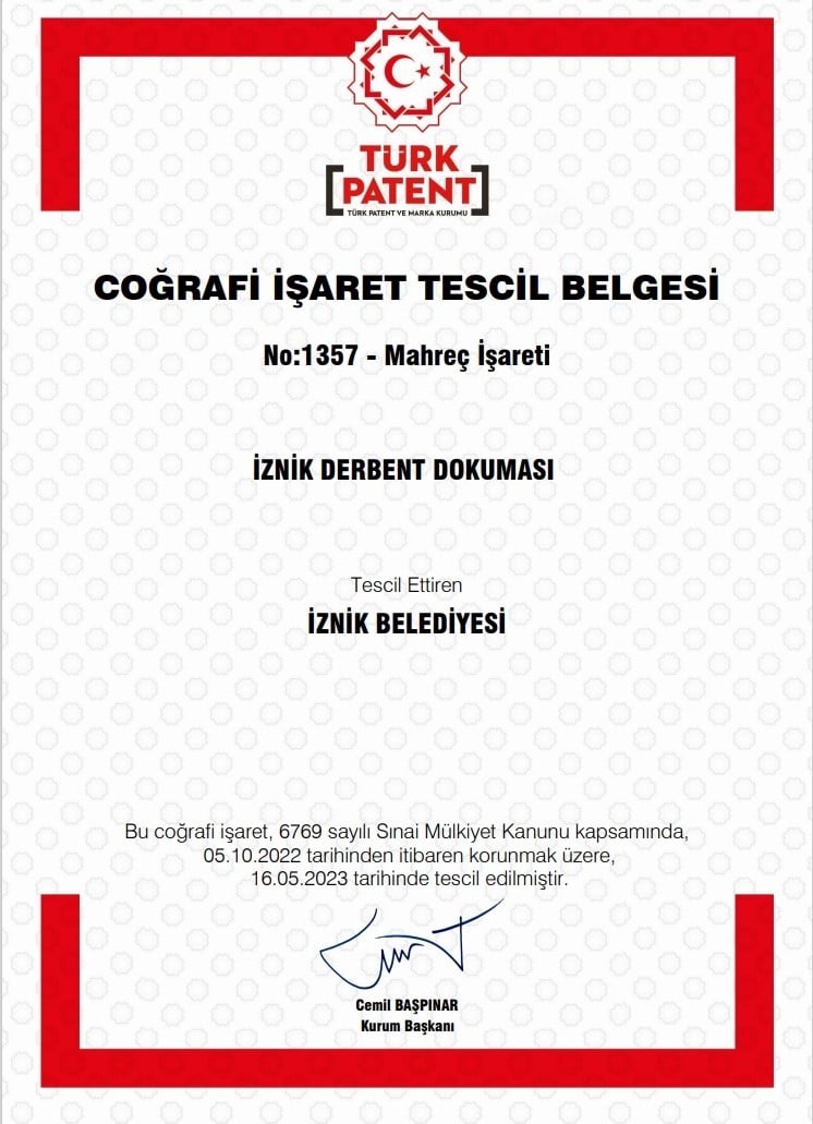 Derbent dokumaları İznik Belediyesi adına tescillendi