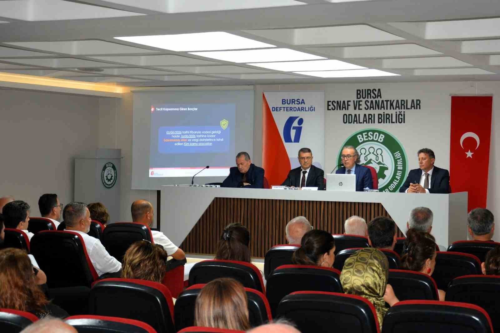 BURSA ESNAF VE SANATKÂRLAR ODALARI BİRLİĞİNİN (BESOB) EV SAHİPLİĞİNDE DEFTERDAR HALİL TEKİN VE GELİR İDARESİ GRUP MÜDÜRLERİNİN KATILIMIYLA ESNAF ODA BAŞKANLARI VE ÜYELERİNE YÖNELİK ‘VERGİ BORÇLARINDA TECİL VE TAKSİTLENDİRME’ KONULU BİLGİLENDİRME TOPLANTISI GERÇEKLEŞTİRİLDİ.