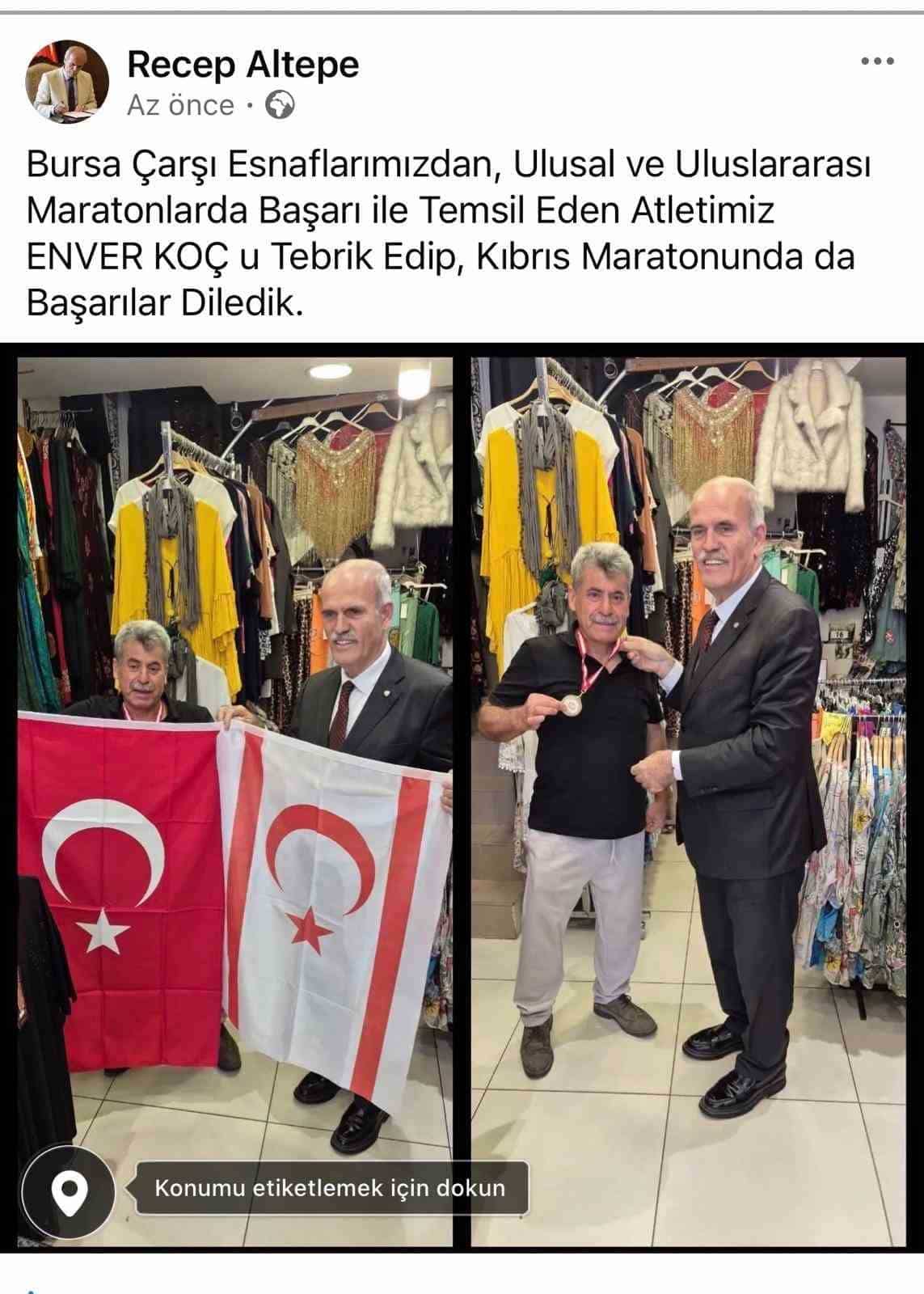 RECEP ALTEPE, ULUSAL VE ULUSLARARASI MARATONLARDA BURSA’YI BAŞARIYLA TEMSİL EDEN ATLET VE ÇARŞI ESNAFI ENVER KOÇ’U ZİYARET EDEREK KIBRIS MARATONU ÖNCESİNDE BAŞARILAR DİLEDİ.